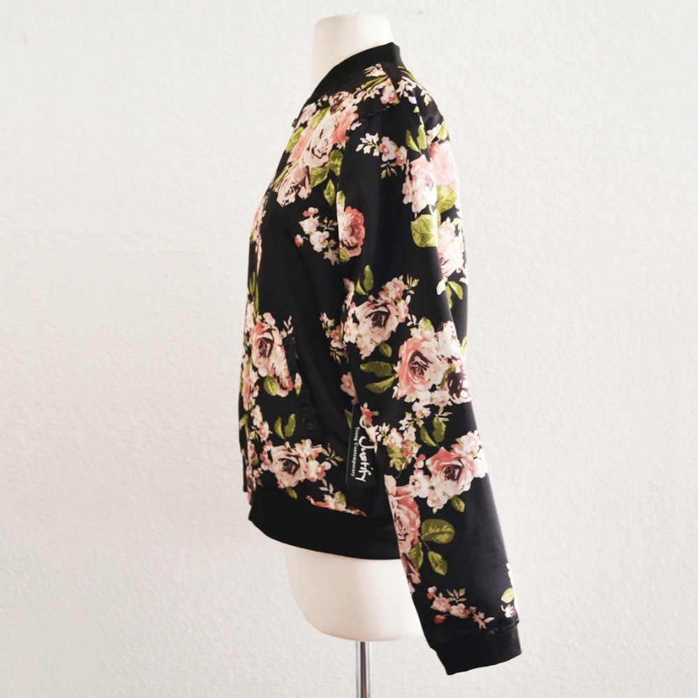 Black Rose Floral Satin Bomber Jacket - Picture 5 of 7
